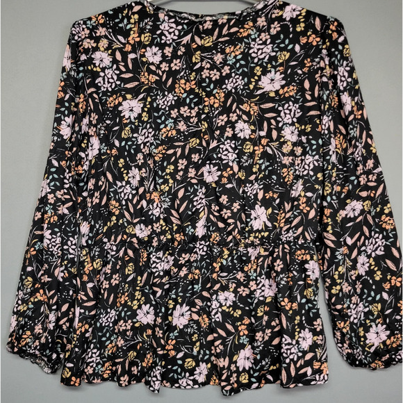 Lane Bryant Top Womens 22/24 Black Floral Surplice Wrap Peplum Long Sleeve Boho - Picture 11 of 12